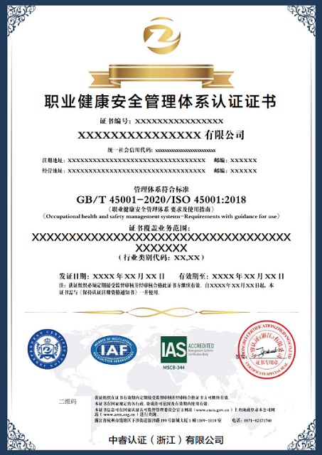 ISO45001证书样本